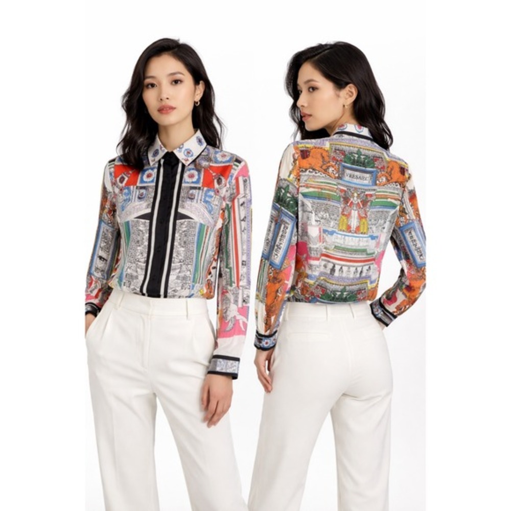 Liang Dian Yi Zu Baroque Print Button Up Shirt Greek Key Multicolor 2XL 80-70